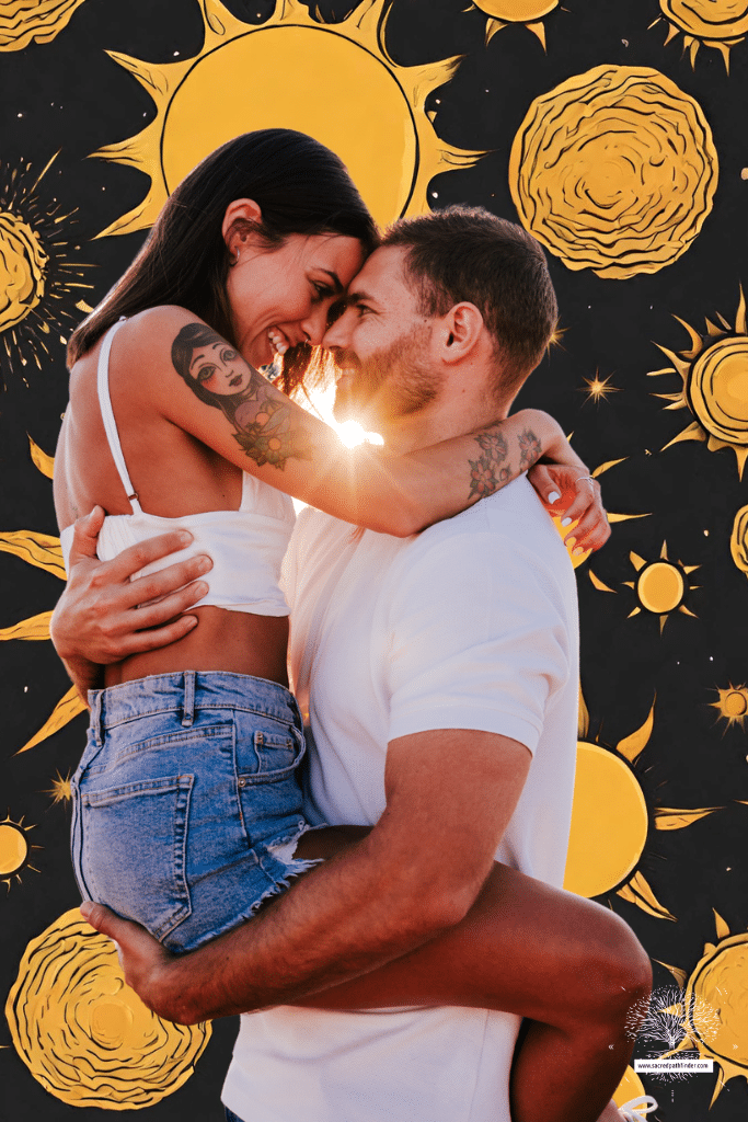 Photo of a couple. The man is holding a woman up. They are looking into eachothers eyes in love. The background is an AI generated image of suns. 