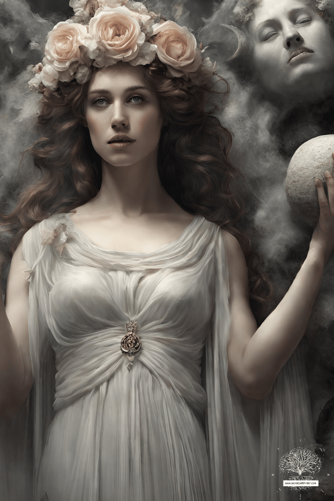 AI generated photo of the goddess Persephone comforting wayward souls in the underworld