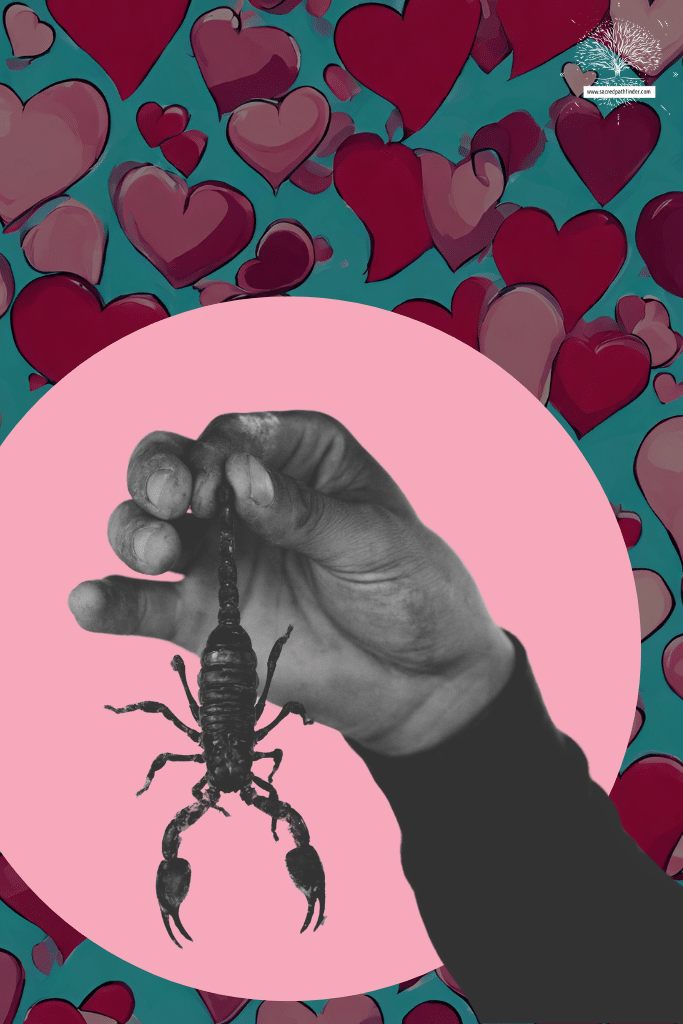 Photo of a black and white hand holding a scorpion in front of an ai heart background. 