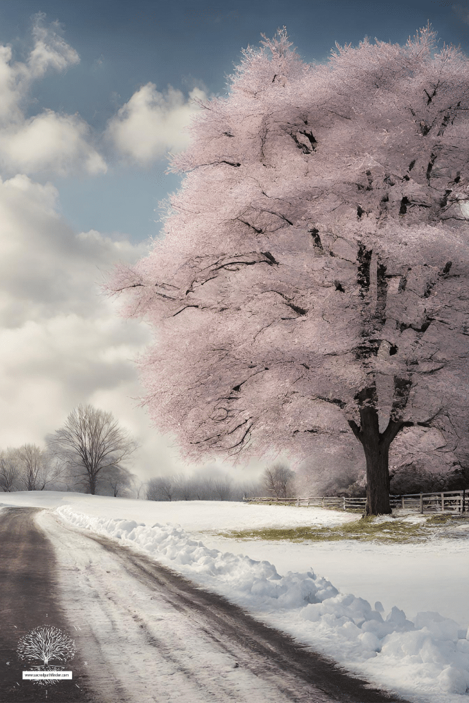 AI generated photo of a tree with pink blooms, and snow on the ground. Showing that spring is coming
