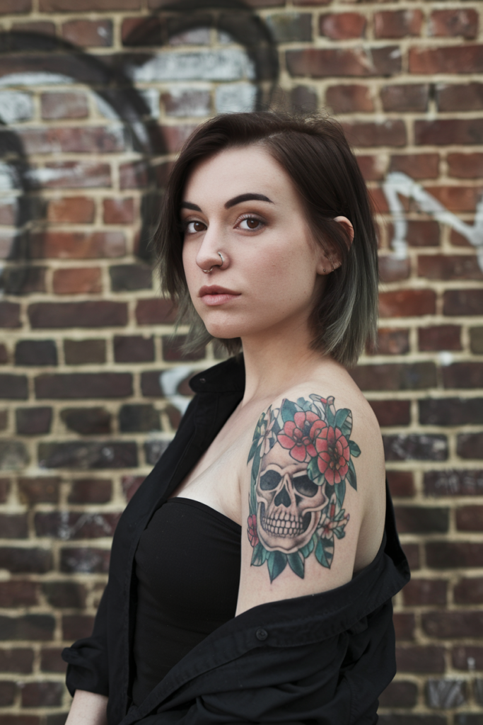 ai generated photo of a woman with black hair with a floral and skull tattoo on her shoulder