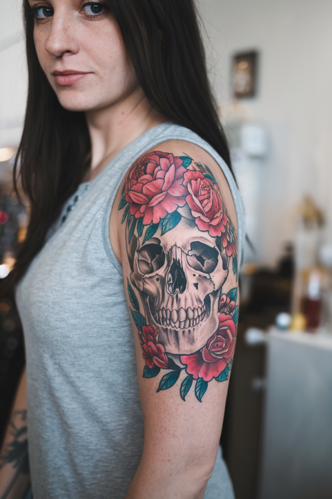 ai generated photo of a woman with black hair with a floral and skull tattoo on her shoulder