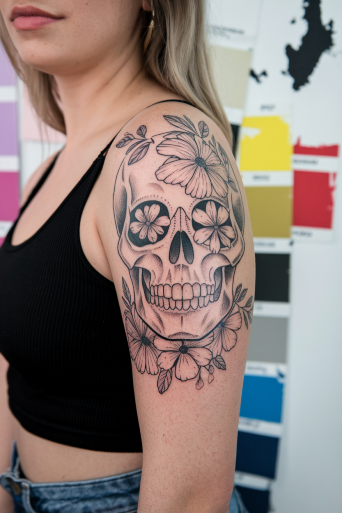 ai generated photo of a woman with blonde hair with a floral and skull tattoo on her shoulder