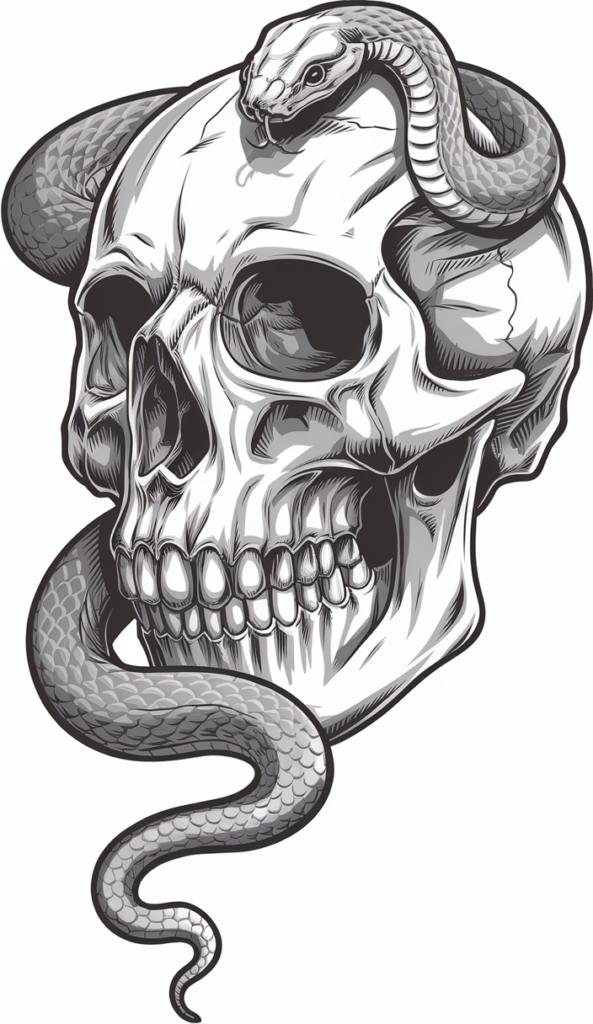 ai gererated drawing of a skull with flowers and a snake surrounding it