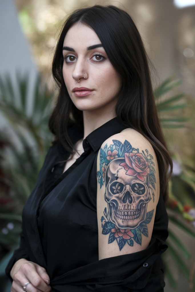 ai generated photo of a woman with black hair with a floral and skull tattoo on her shoulder