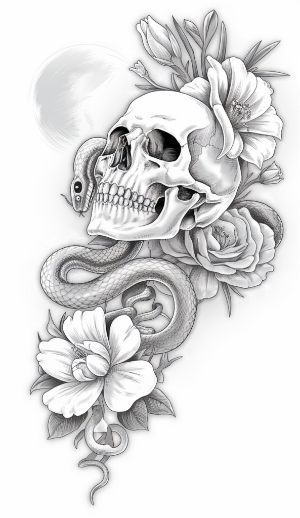 ai gererated drawing of a skull with flowers and a snake surrounding it