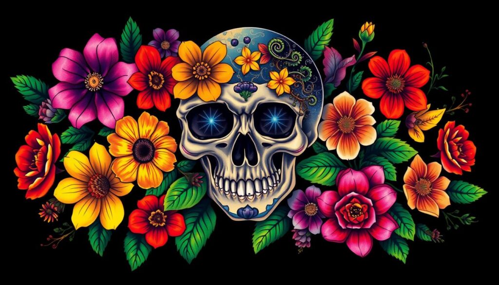 vibrant tattoo colors in floral skull tattoos